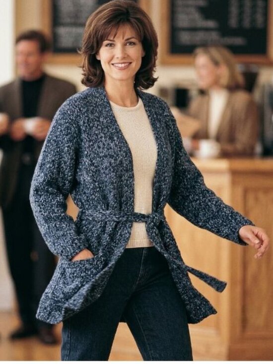 A.M.I. Sweaters - A.M.I. Women Large Cardigan Blue Grey Marled Knit Wrap Belted Essential Timeless